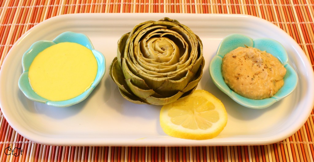 Steamed artichokes with hollandaise and Greek dip