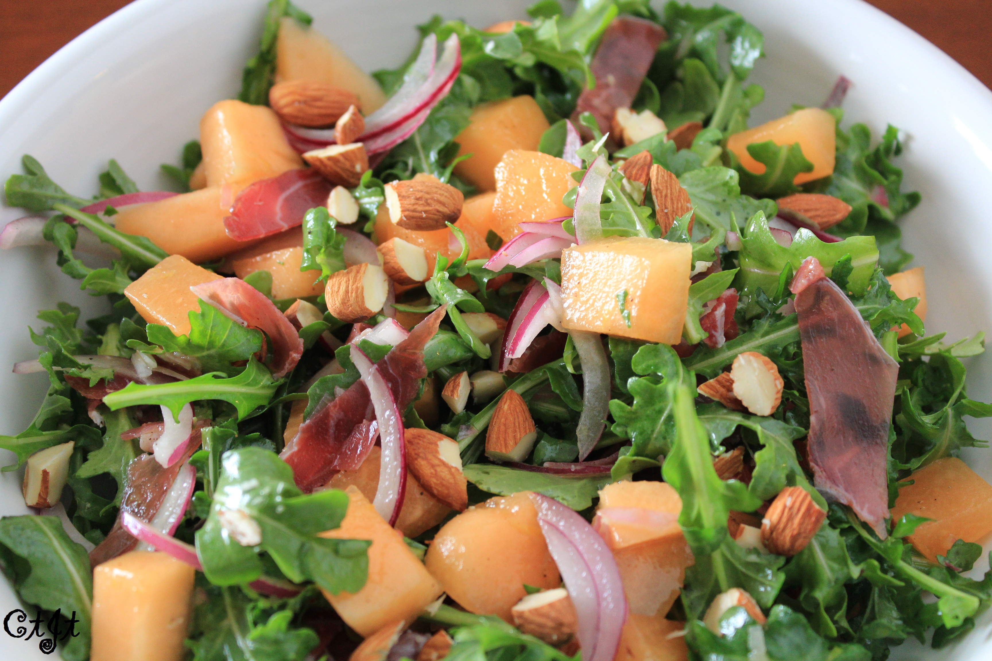 Melon, Prosciutto and Arugula Salad with a Sigona’s Summertime Peach White Balsamic Vinaigrette