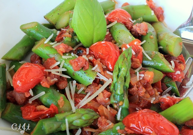 Warm Asparagus Salad with Burst Grape Tomatoes and Pancetta