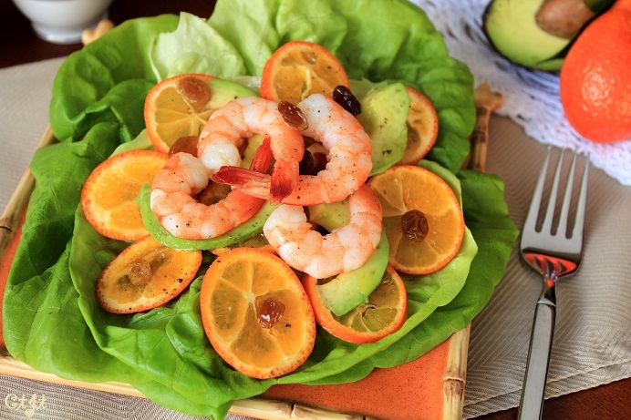 Mandarinquat & Avocado Salad with Shrimp and a Sweet Balsamic Vinaigrette