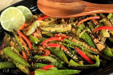 Charred Okra with Tomatillos, Garlic and Sweet Peppers featuring Sigona's Red Chili Harissa Olive Oil