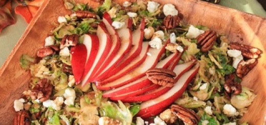 Shredded Brussels Sprouts Salad with Pears and Bacon Topped with a Maple Balsamic Vinaigrette