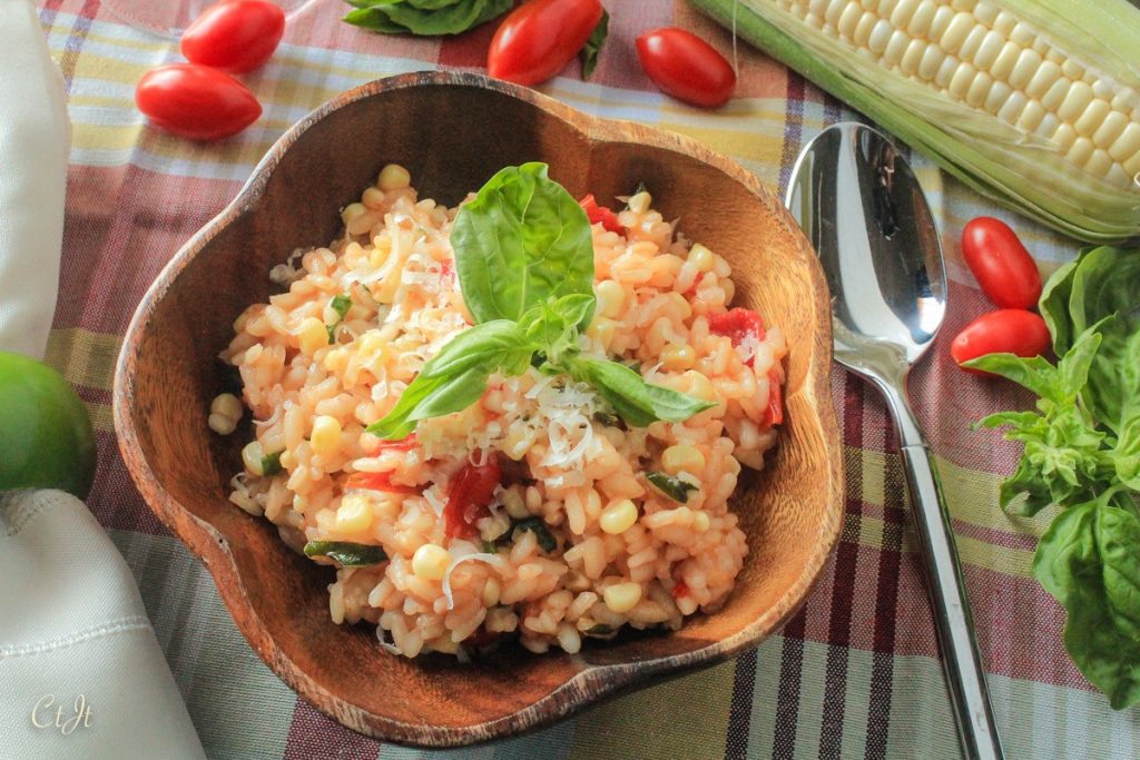 Summer Risotto with White Corn, Tomatoes and Garlic Oil