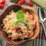 Summer Risotto with White Corn, Tomatoes and Garlic Oil