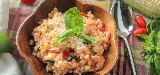 Summer Risotto with White Corn, Tomatoes and Garlic Oil