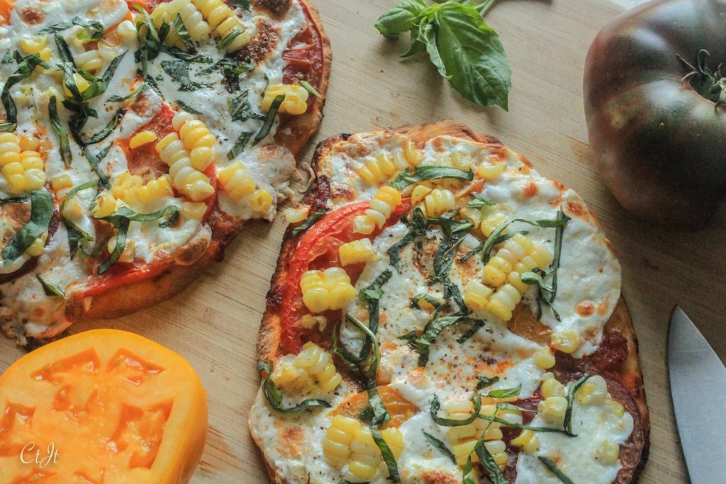 Summer Bounty Flatbread with Heirloom Tomatoes and Fresh Mozzarella