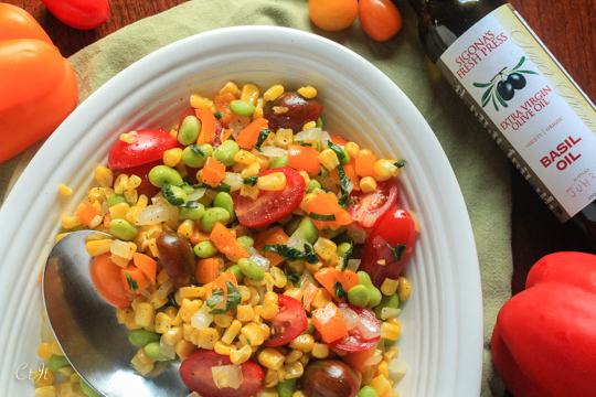 Summer Succotash with Bell Pepper and Basil Oil