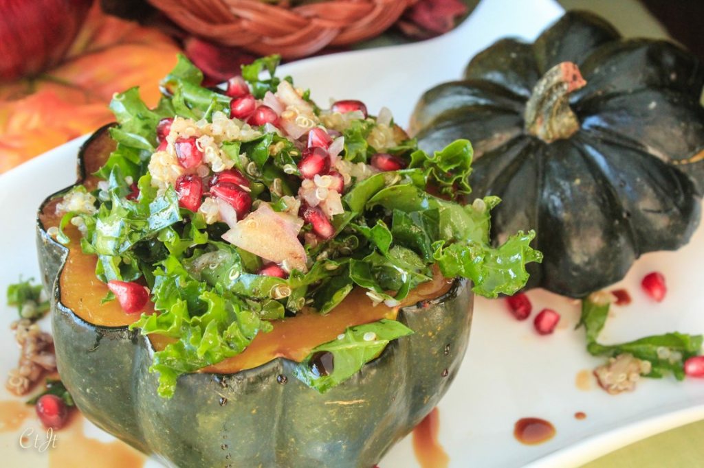 Pumpkin-Pie-Spiced Acorn Squash Stuffed with Quinoa, Kale and Pomegranate