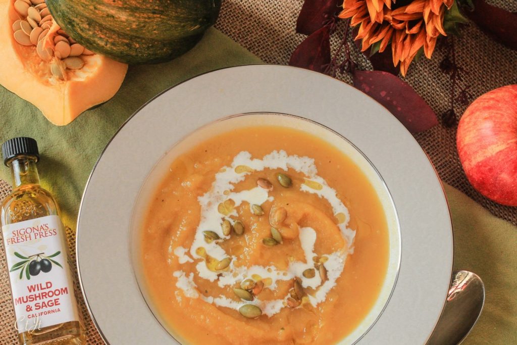 Roasted Acorn Squash and Apple Soup with Wild Mushroom Sage Olive Oil