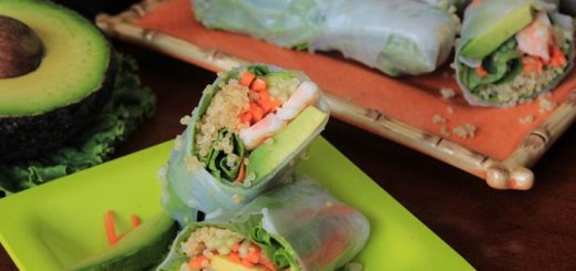 Roasted Shrimp and Avocado Spring Rolls with Quinoa and Fresh Veggies