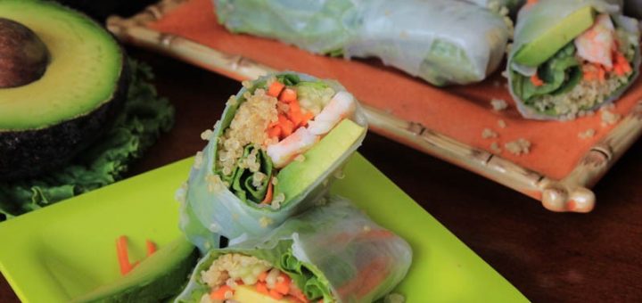 Roasted Shrimp and Avocado Spring Rolls with Quinoa and Fresh Veggies