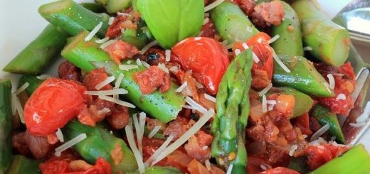Warm Asparagus Salad with Burst Grape Tomatoes and Pancetta