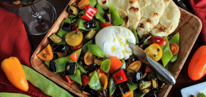 Romano Beans with Burrata, Roasted Eggplant, Fresh Basil and Sigona’s Garlic Oil