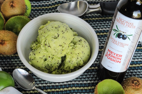 Fresh Kiwi Sorbet featuring Sigona’s Meyer Lemon Fusion Extra Virgin Olive Oil