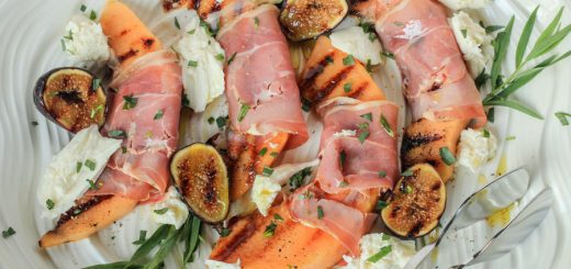 Grilled Cantaloupe with Prosciutto, Tarragon and Torn Mozzarella