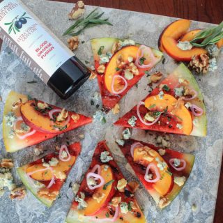 Grilled Watermelon pizza with Stone Fruit, Quick-picked Shallots, Walnuts and Blue Cheese