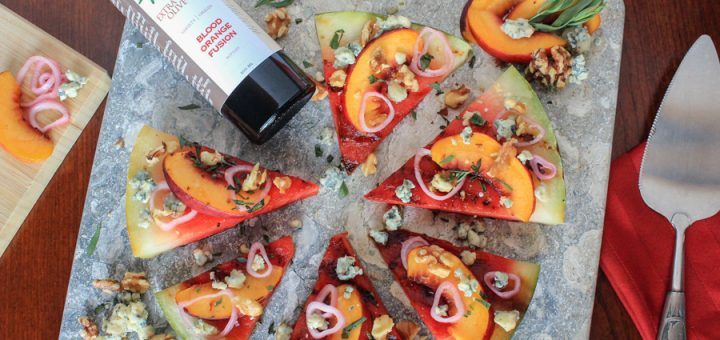 Grilled Watermelon pizza with Stone Fruit, Quick-picked Shallots, Walnuts and Blue Cheese