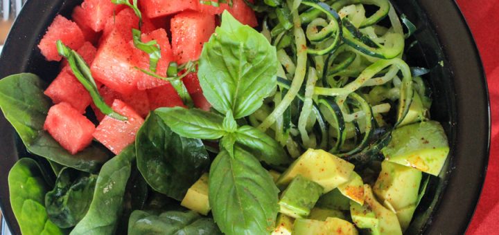 Watermelon, Avocado & Cucumber Salad with Chili-Lime Walnut Oil