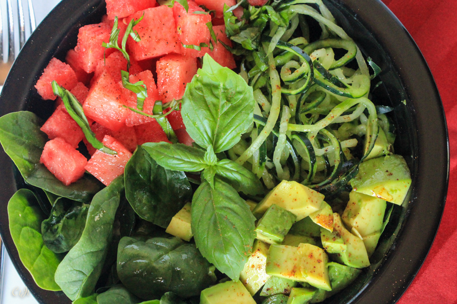 Watermelon, Avocado & Cucumber Salad with Chili-Lime Walnut Oil