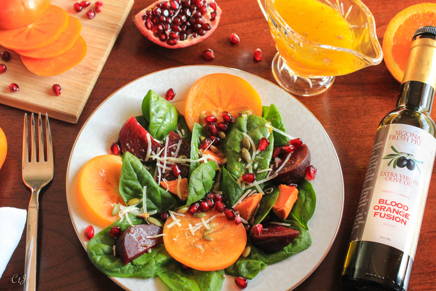 Fuyu Persimmon and Roasted Beet Autumn Salad with a Blood Orange Vinaigrette Recipe featuring Sigona's Blood Orange Fusion Olive Oil and Sigona's Sicilian Lemon White Balsamic