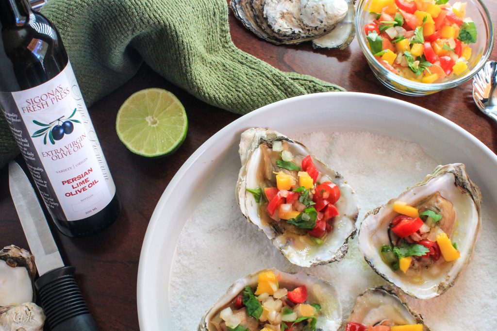 Roasted Fresh Oysters with Persian Lime & Mango Pico de Gallo