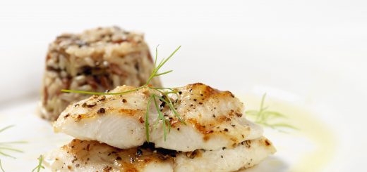 Halibut with Wild Rice Garlic Butter Sauce