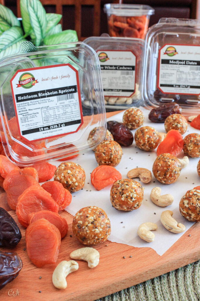 Heirloom Blenheim Apricot & Medjool Date Energy Bites with Cashews and Chia Seeds