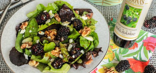 Mixed Greens with a Blackberry-Ginger Balsamic & Roasted French featuring Sigona's Roasted French Walnut Oil in a vinaigrette with Sigona's Blackberry-Ginger Balsamic Vinegar