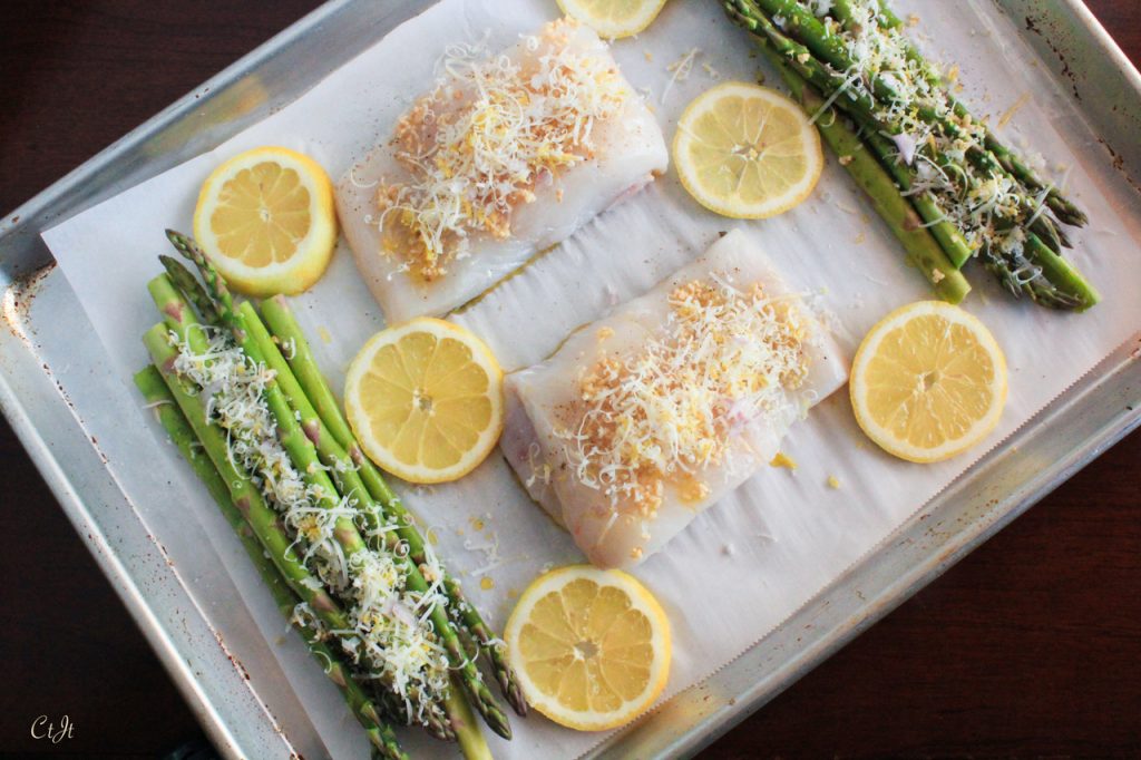 Sheet Pan Dinner: Lemon-Garlic Roasted Wild Halibut and Local Asparagus featuring Sigona's Meyer Lemon Fusion Olive Oil