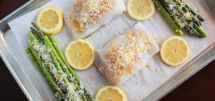 Sheet Pan Dinner- Lemon-Garlic Roasted Wild Halibut and Local Asparagus