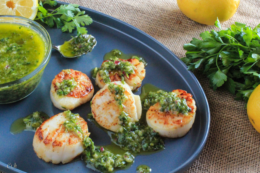 Seared Scallops with a Lemony Chimichurri featuring Sicilian Lemon White Balsamic from Sigona's Farmers Market