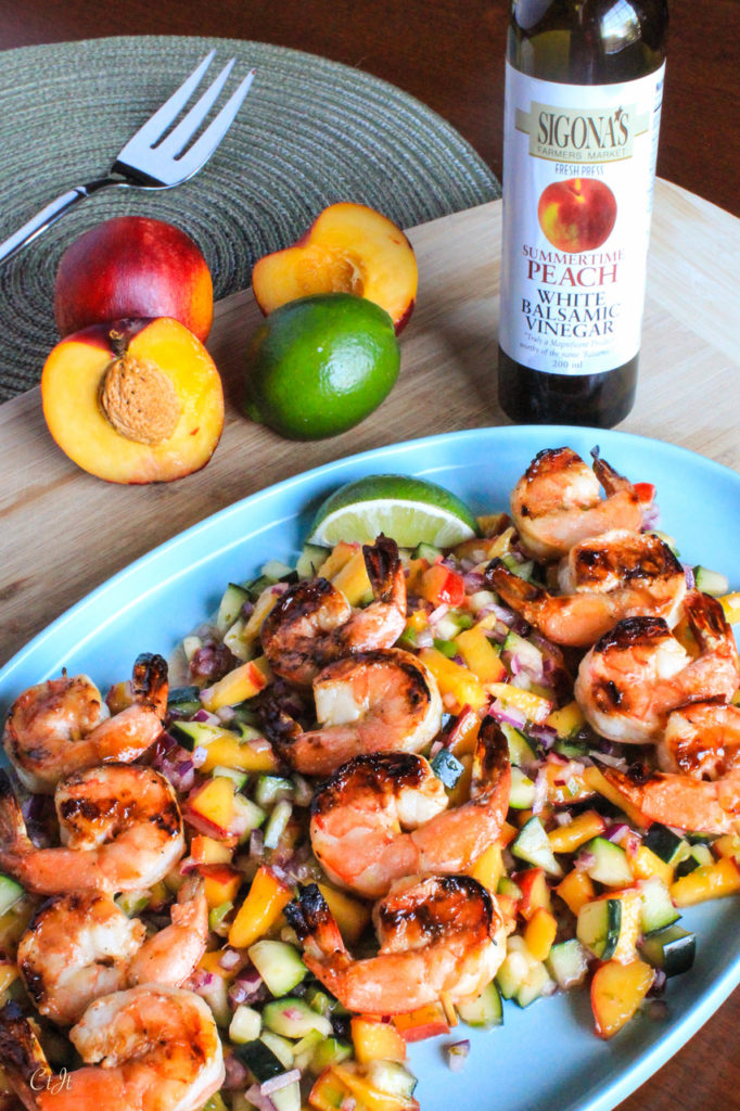 Summertime Peach & Garlic Grilled Shrimp with Nectarine, Cucumber & Lime Chop Salad featuring Sigona's Summertime Peach White Balsamic and Sigona's Garlic Oil.