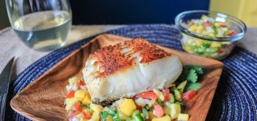 Wild white sea bass with summer salsa featuring pineapple