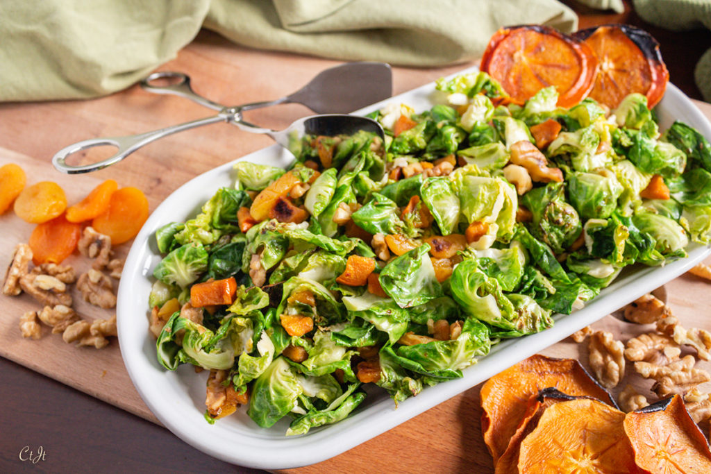 Sautéed Brussels Sprout Leaves with Persimmons, Heirloom Apricots and Walnuts