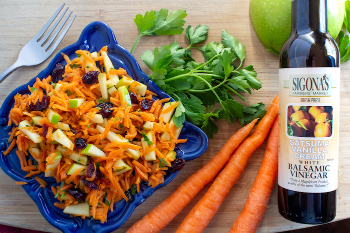 Carrot Salad featuring Sigona's Satsuma Vanilla Cream White Balsamic. Pairs well with pan-seared pork.