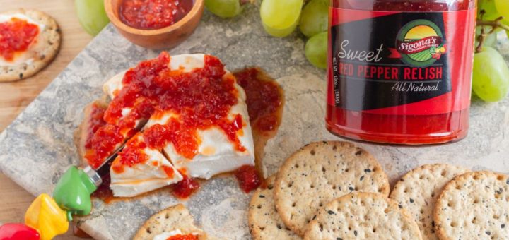 Sigona's Sweet Red Pepper Relish over Cream Cheese Appetizer