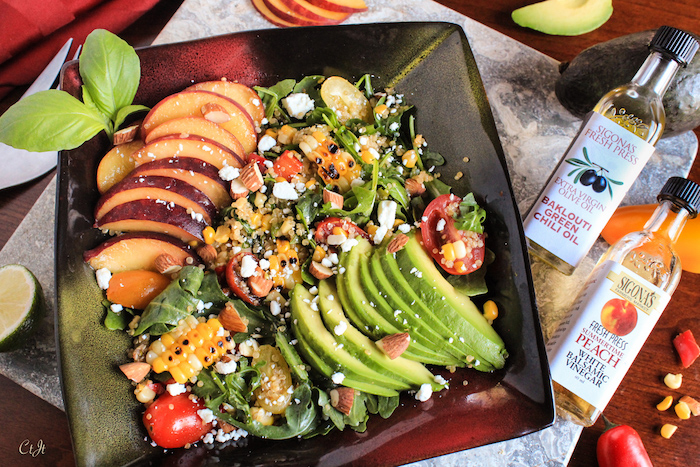 Fresh Peach, Grilled Corn and Arugula Quinoa Bowl with a Peach and Baklouti Green Chili Vinaigrette 