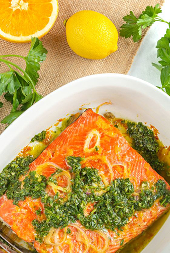 Roast Salmon with Citrusy Salsa Verde featuring Sigona's Sicilian Lemon White Balsamic and Sigona's Meyer Lemon Fusion Olive Oil