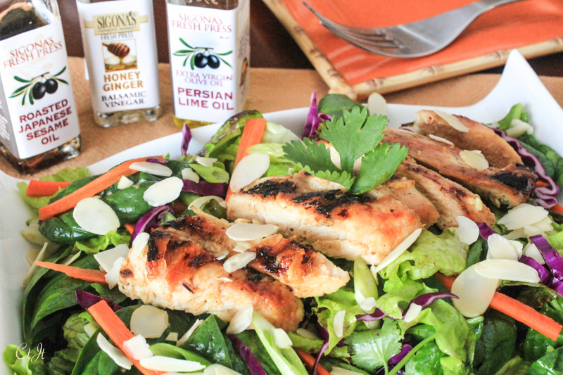 Chinese Chicken Salad featuring Sigona's Honey Ginger White Balsamic Vinegar, Roasted Sesame and Sigona's Persian Lime Olive Oil Vinaigrette