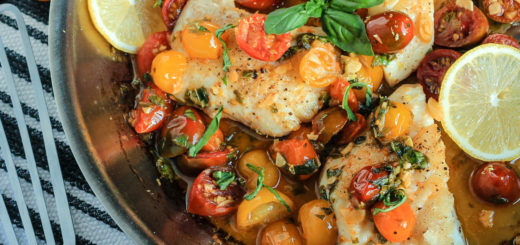 Harissa-Seared Halibut with an Heirloom Tomato, Basil & Wine Sauce featuring Sigona's Red Chili Harissa Olive Oil