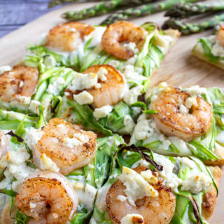 Shaved Asparagus & Herbed Cheese Flatbread with Wild Patagonian Shrimp