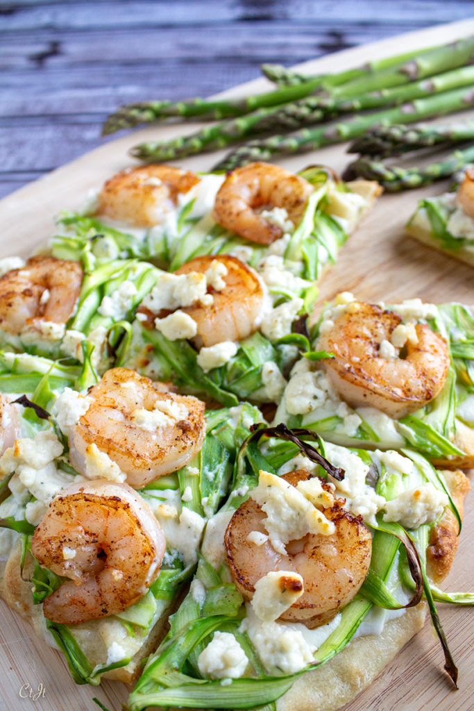 Shaved Asparagus & Herbed Cheese Flatbread with Wild Patagonian Shrimp
