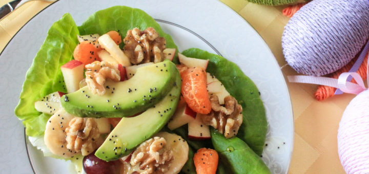 Fresh fruit salad with A Honey & Poppyseed Dressing on a Bibb Lettuce Bed