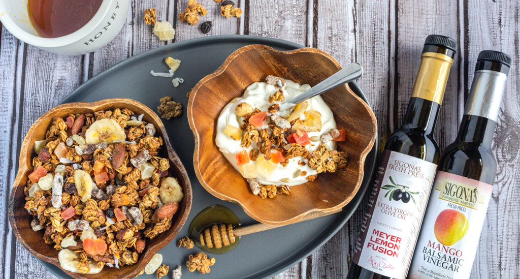 Tropical Granola with Mango Balsamic and Meyer Lemon Olive Oil
