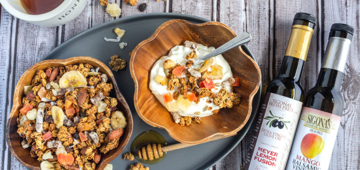 Tropical Granola with Mango Balsamic and Meyer Lemon Olive Oil