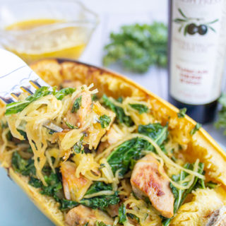 Kale & Chicken Spaghetti Squash Boats with a DIY Tuscan Herb Caesar Dressing