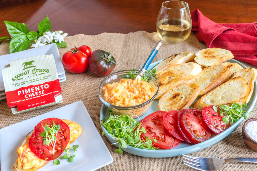 Crostini Topped with Heirloom Tomatoes & Sweet Grass Dairy Pimento Cheese 