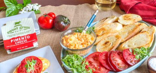 Crostini Topped with Heirloom Tomatoes & Sweet Grass Dairy Pimento Cheese