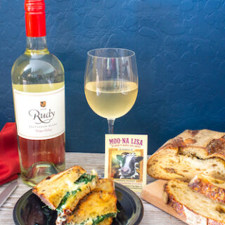 Spanakopita Grilled Cheese on Moo-Na Lisa Cheese Bread and Rudy Sauvignon Blanc