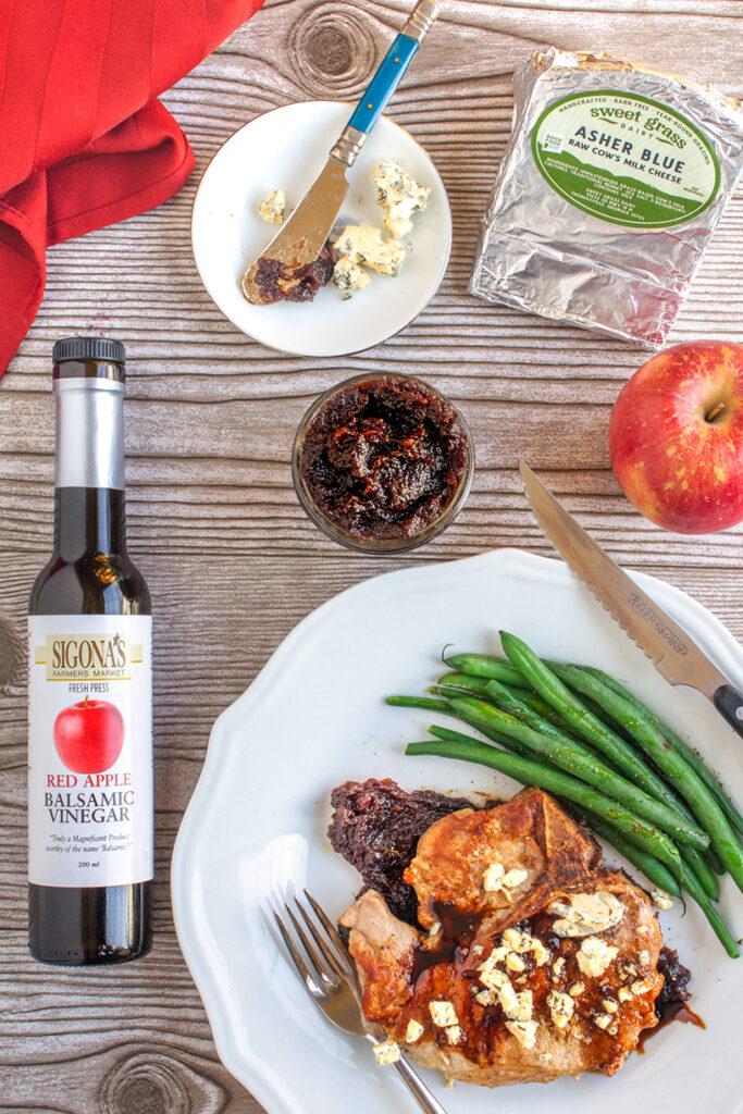 Pan-Seared Pork Chops with Balsamic Apple Butter and Asher Blue Cheese